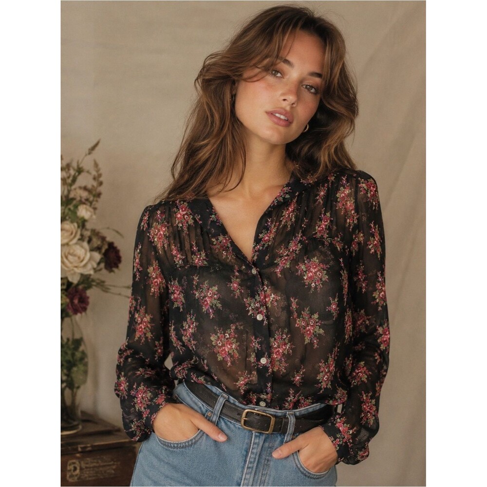 Vintage 90's April Cornell Sheer Black Floral Yoked Pearlized Button Up Shirt